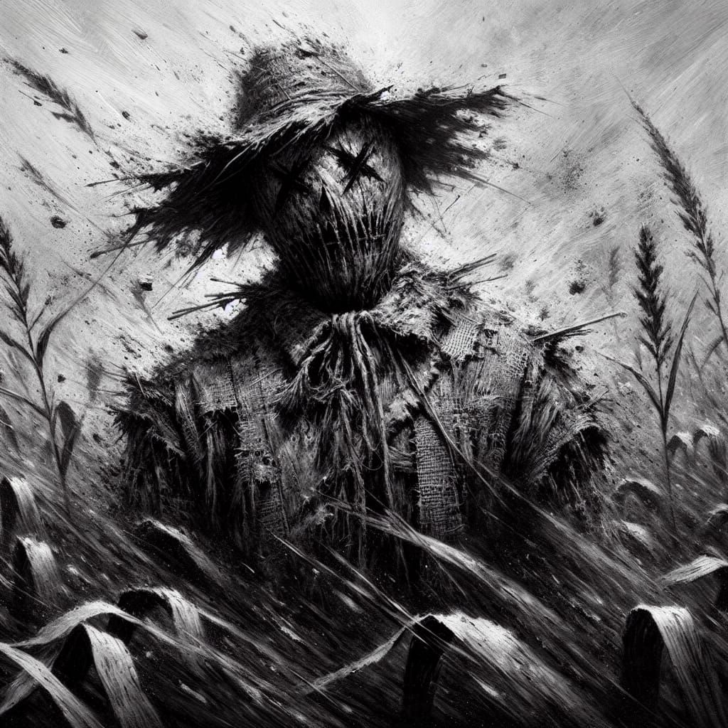 Terrifying Scarecrow in Dust Storm as Impasto Painting