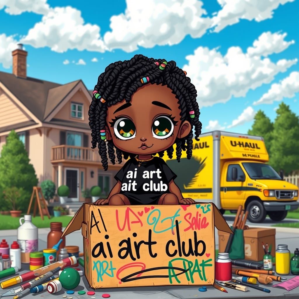 Chibi Anime Girl Surrounded by Art Supplies in a Vibrant Str...