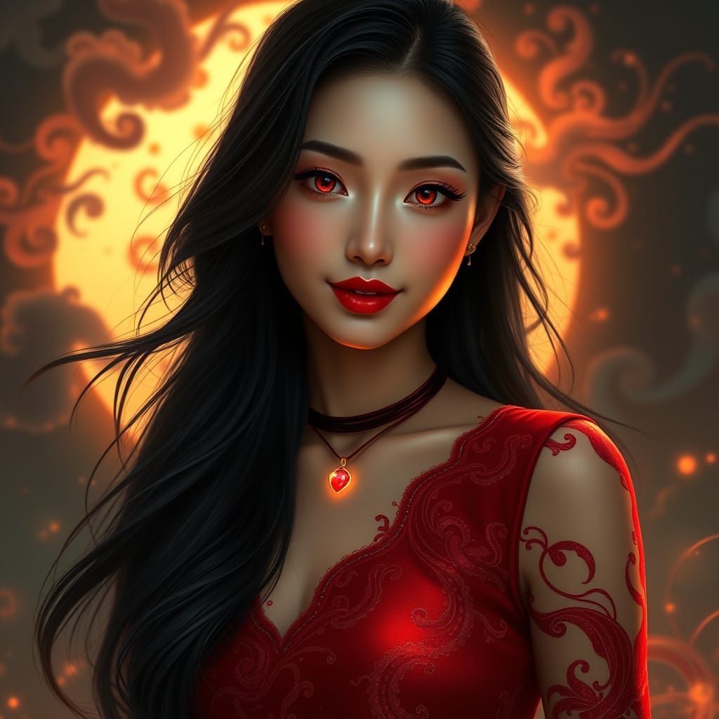 Ethereal Asian Siren in Crimson, Radiant Red Eyes, and Mysti...