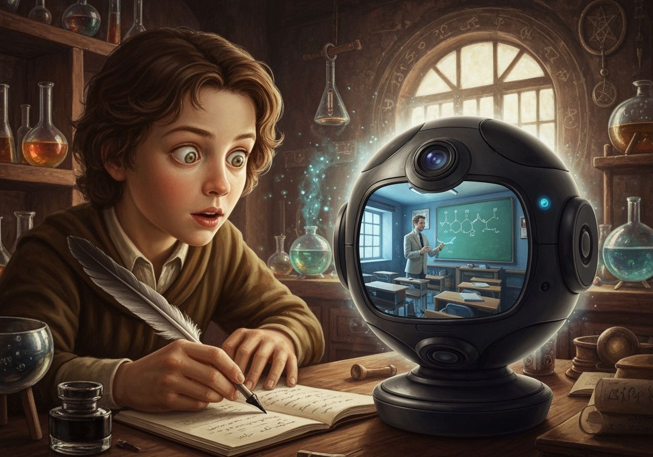 Curious Alchemist Discovering a Futuristic Classroom