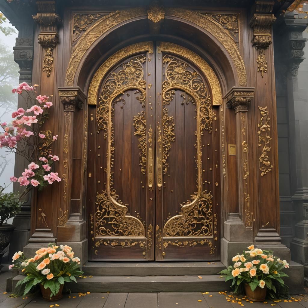 Ornate Door with Glowing Flowers, Matte Painting Style