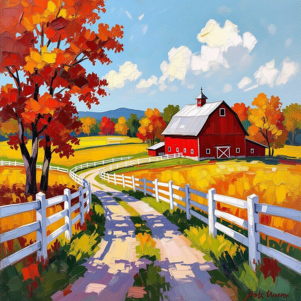 New England Farmland in Neo-Impressionist Style