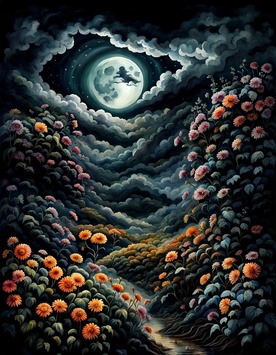 Haunted Moonlit Landscape in Watercolor Style