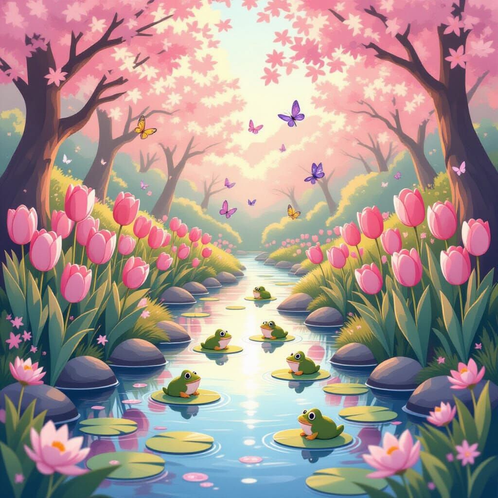 Magical Flower Garden with Cartoon Frogs in Miyazaki Style