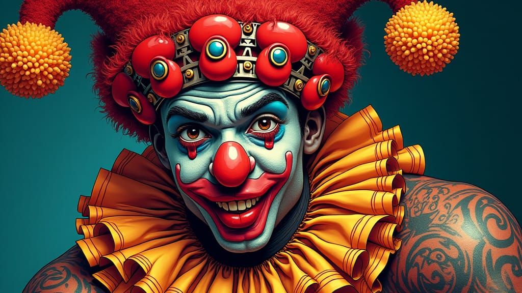Pop Art Clown with Tattoos in Hyperrealistic Style