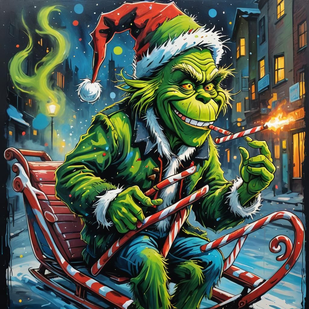 Grinch Smoking Candy Cigar in Basquiat Street Art