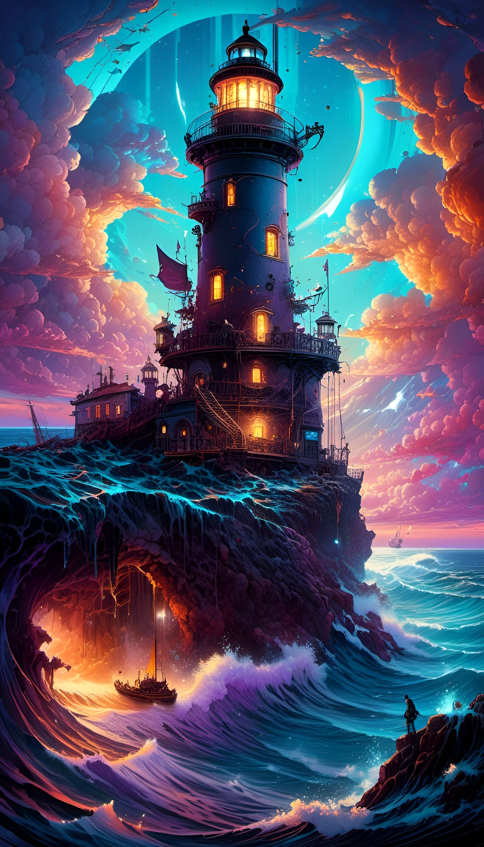 Aetherpunk Lighthouse with Neon Waves in Digital Art