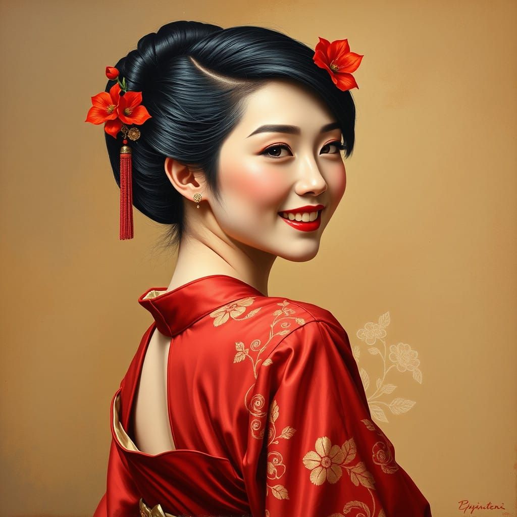 Elegant Asian Woman in Red Kimono