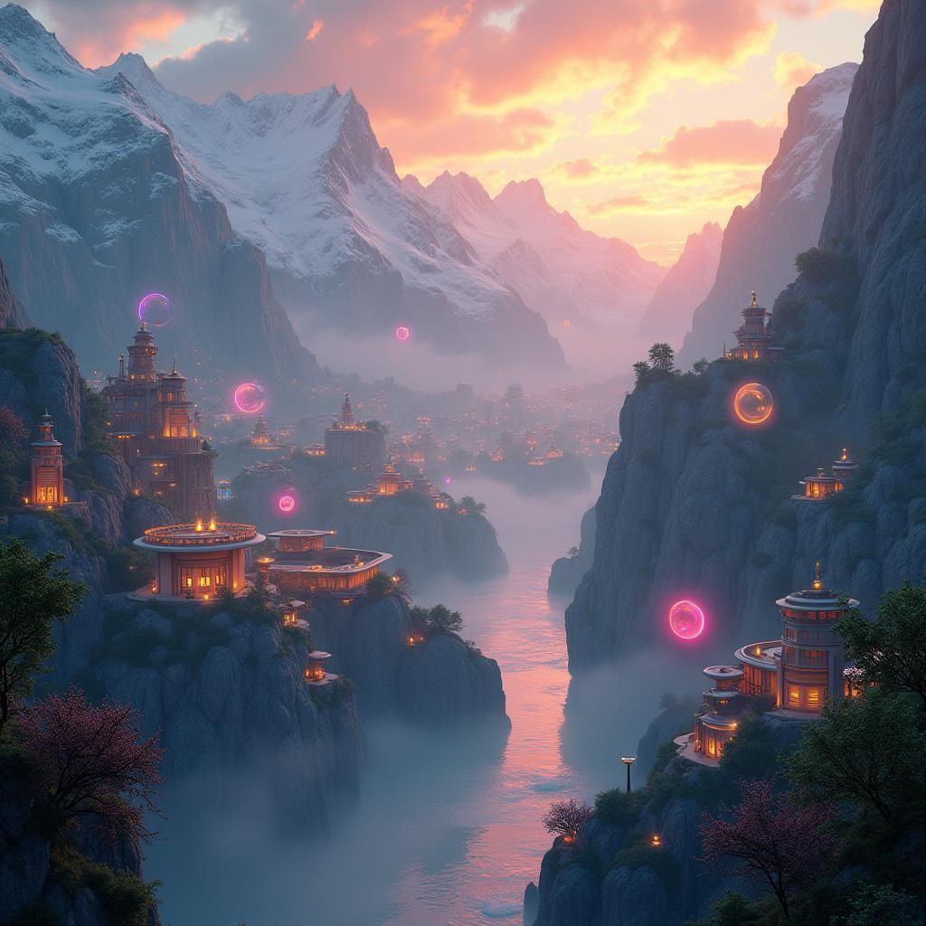 Futuristic Mountain City Bathed in Golden Light