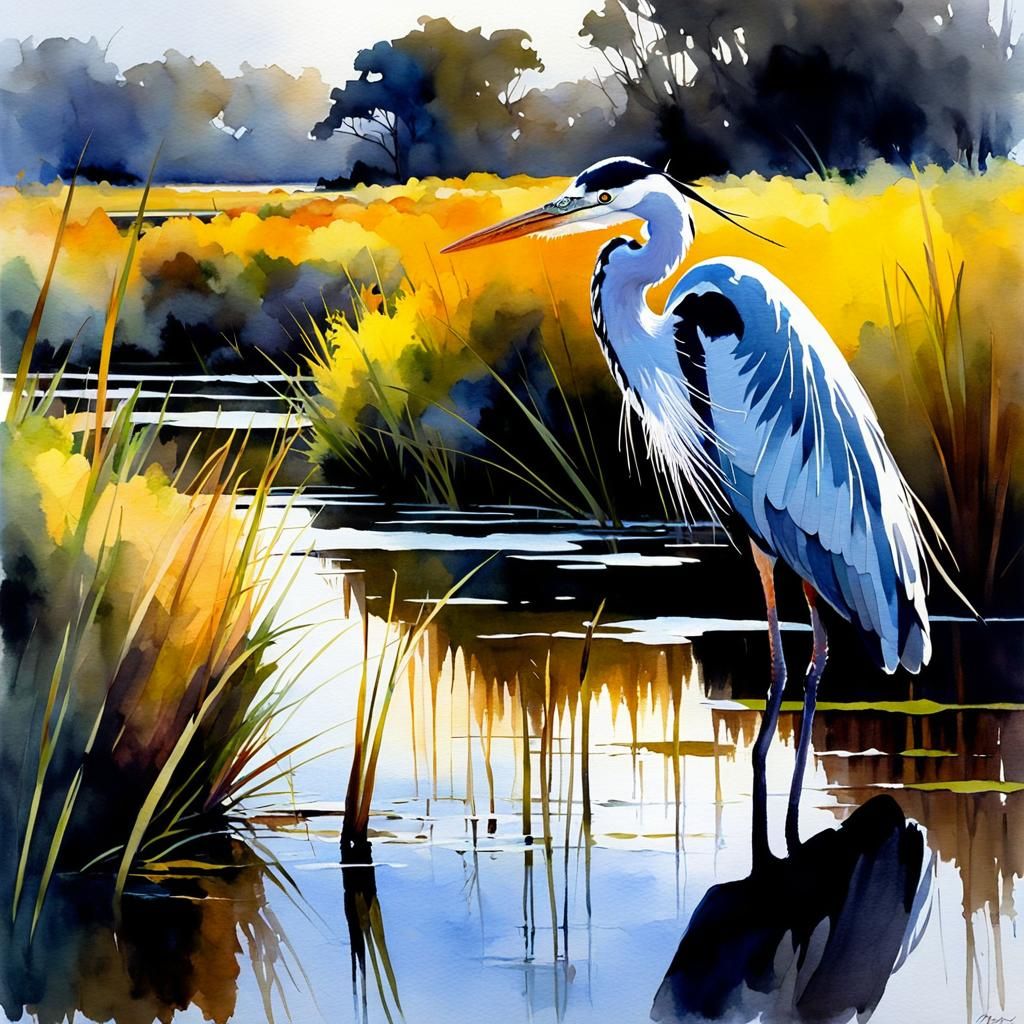 Moody Gray Heron Watercolor on Swampy Pond