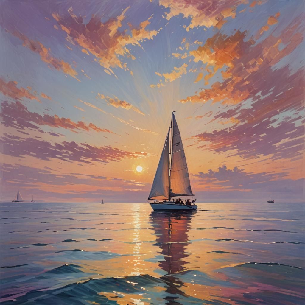 Ocean Catamaran in Impressionist Style at Golden Hour