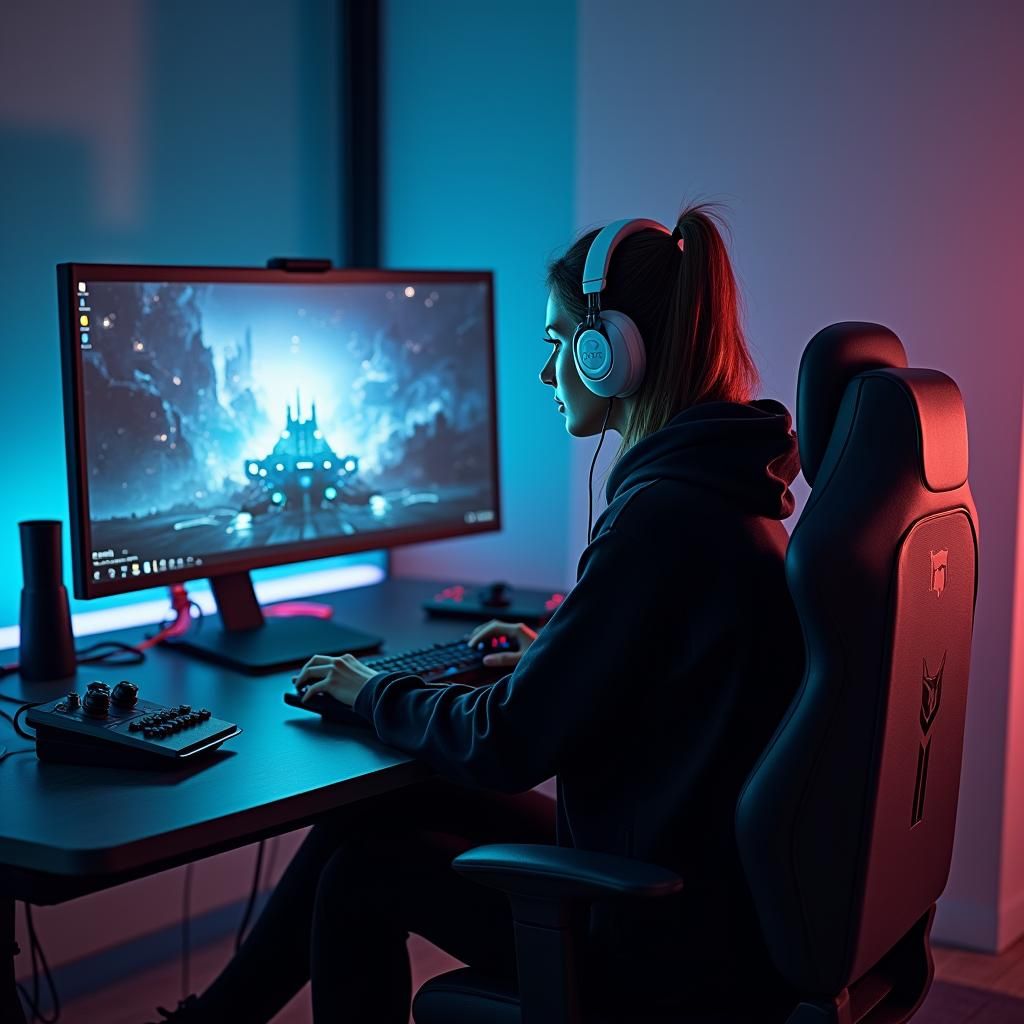 Cyberpunk Gamer in Modern, High-Tech Setup