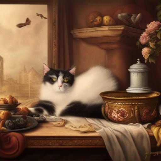 Sleeping Cat in Renaissance Still Life