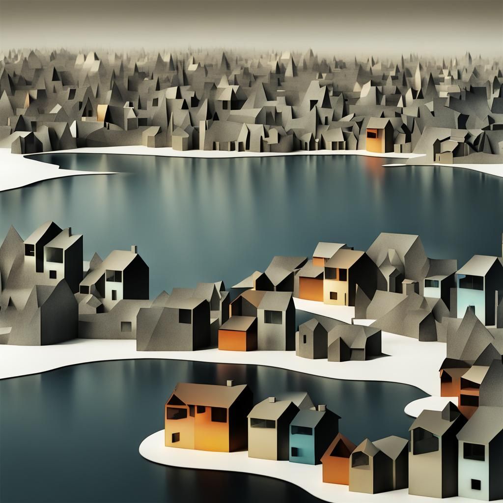 Eerie Village by Lake: 3D Abstract Photogram