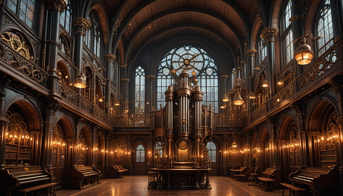 Steampunk Cathedral with Brass Arches and Gear-Laden Walls