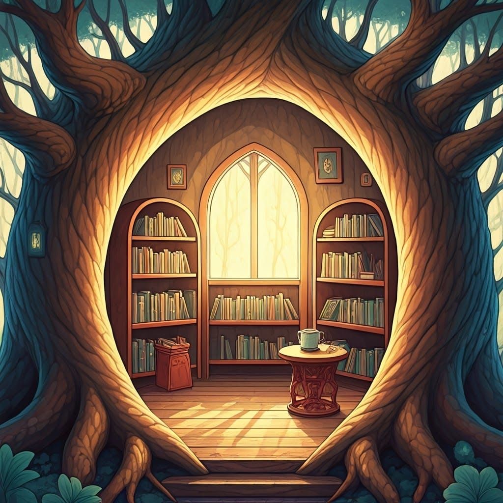 Cozy Reading Nook in Ancient Tree with Delicate Watercolor S...