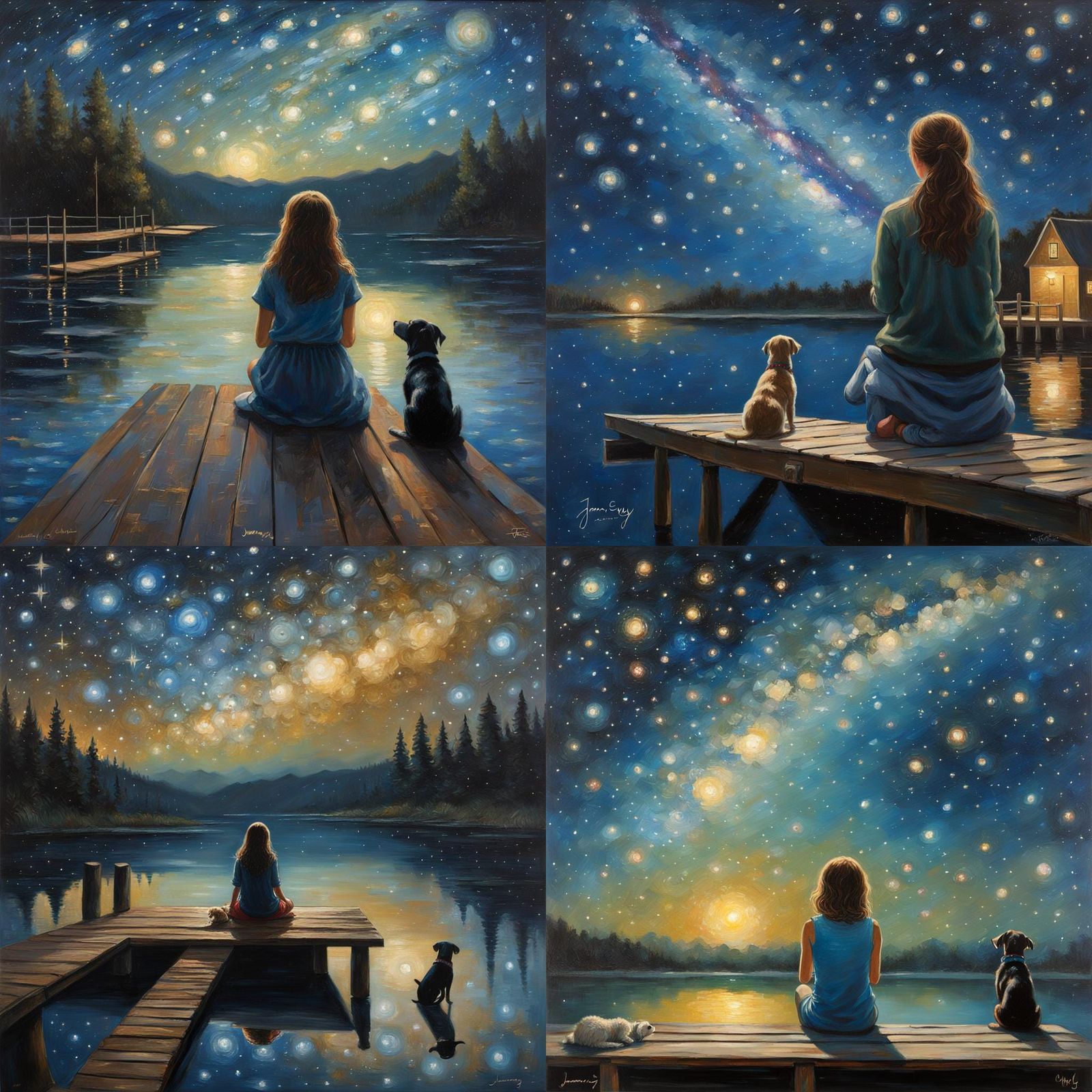 Girl and Dog Gaze at Starry Night, Oil Painting