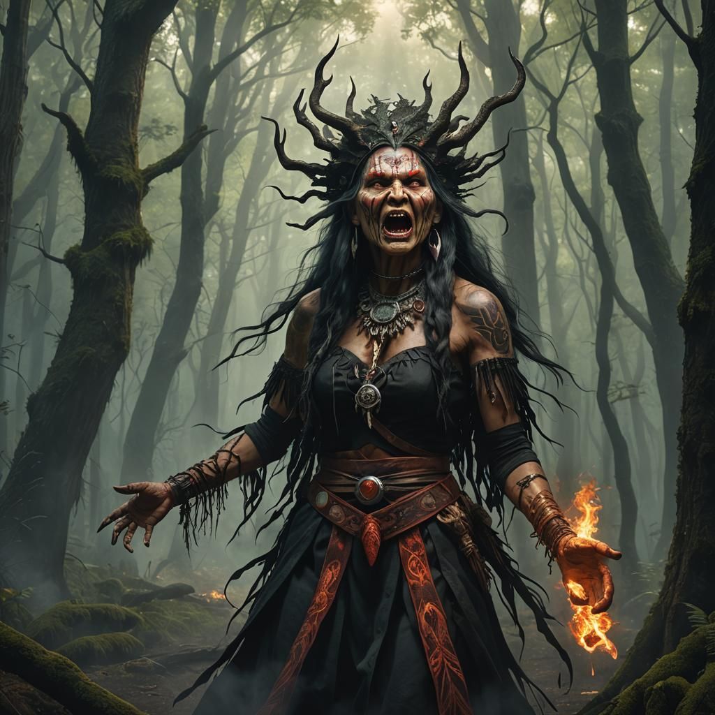 Fiery Native American Witch in Forest Illustration