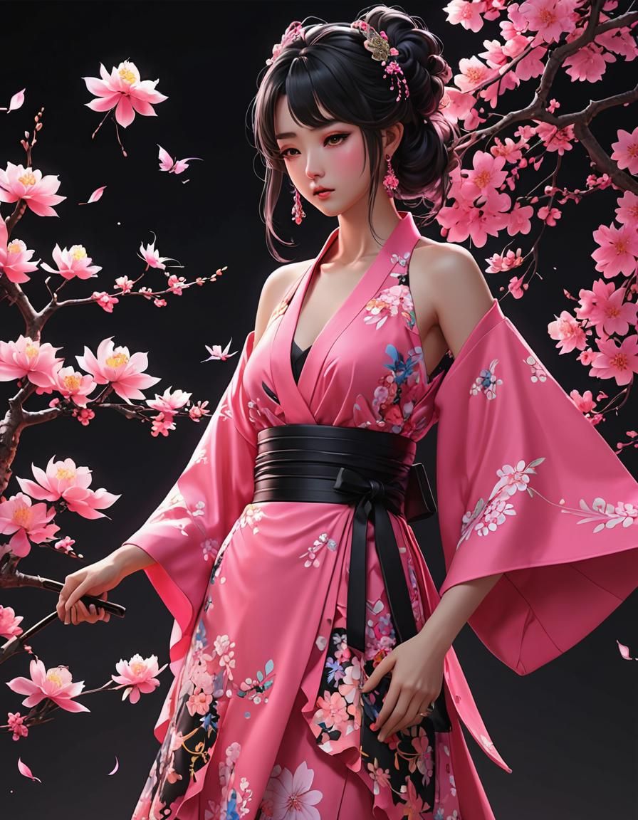 Neon Pink Kimono Dress in 3D Anime Art