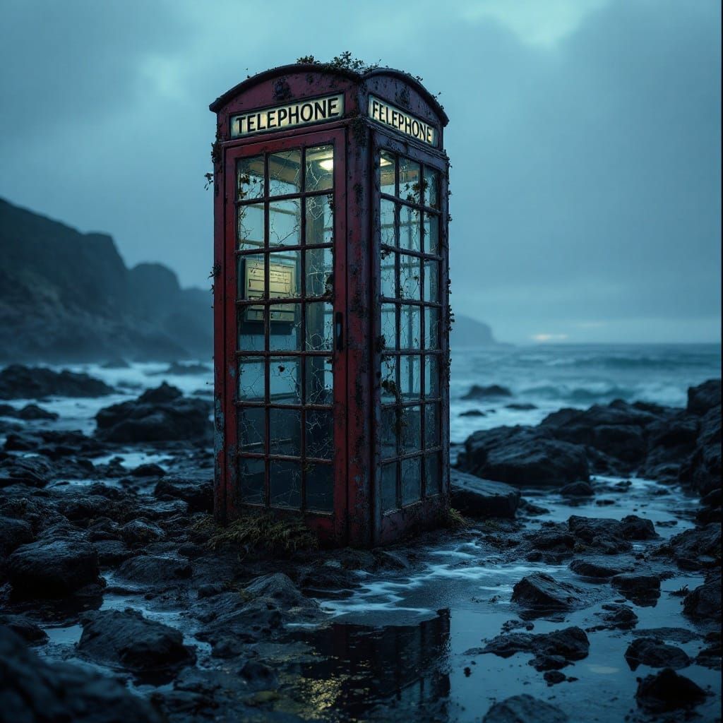 Forgotten Coastal Phone Booth in Muted Burgundy