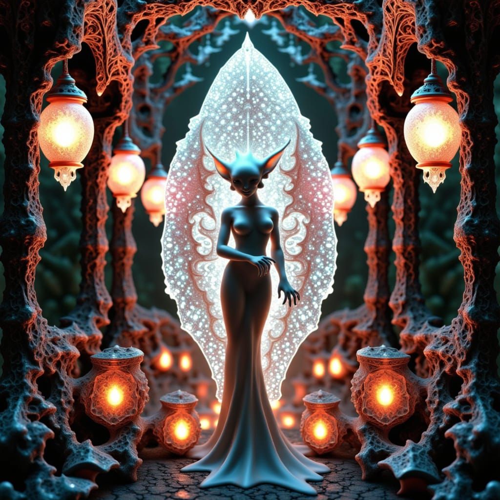 Glowing Gargoyle Goddess in Ethereal Wonderland