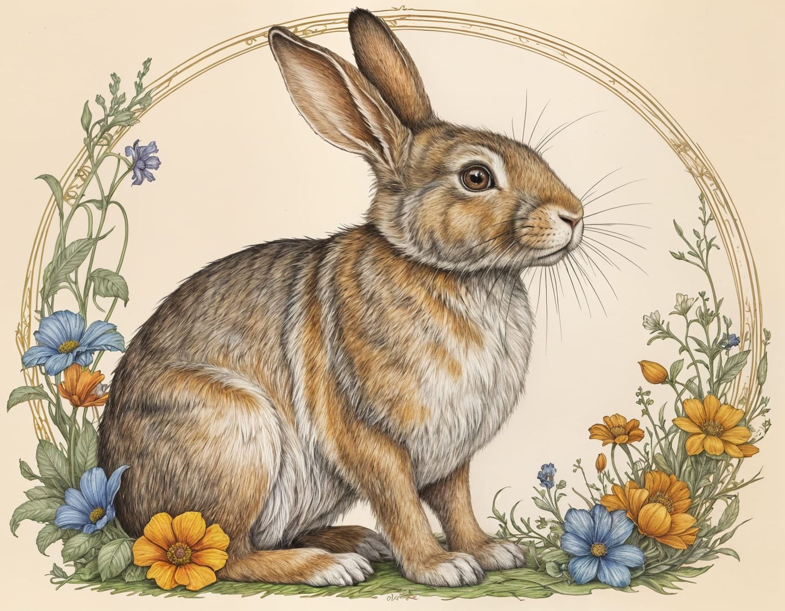 Whimsical Art Nouveau Rabbit in Vibrant Colors