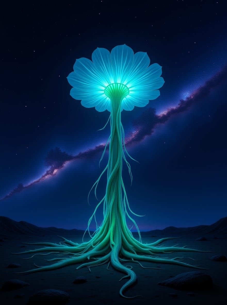 Alien Bioluminescent Plant Under Nebula Sky