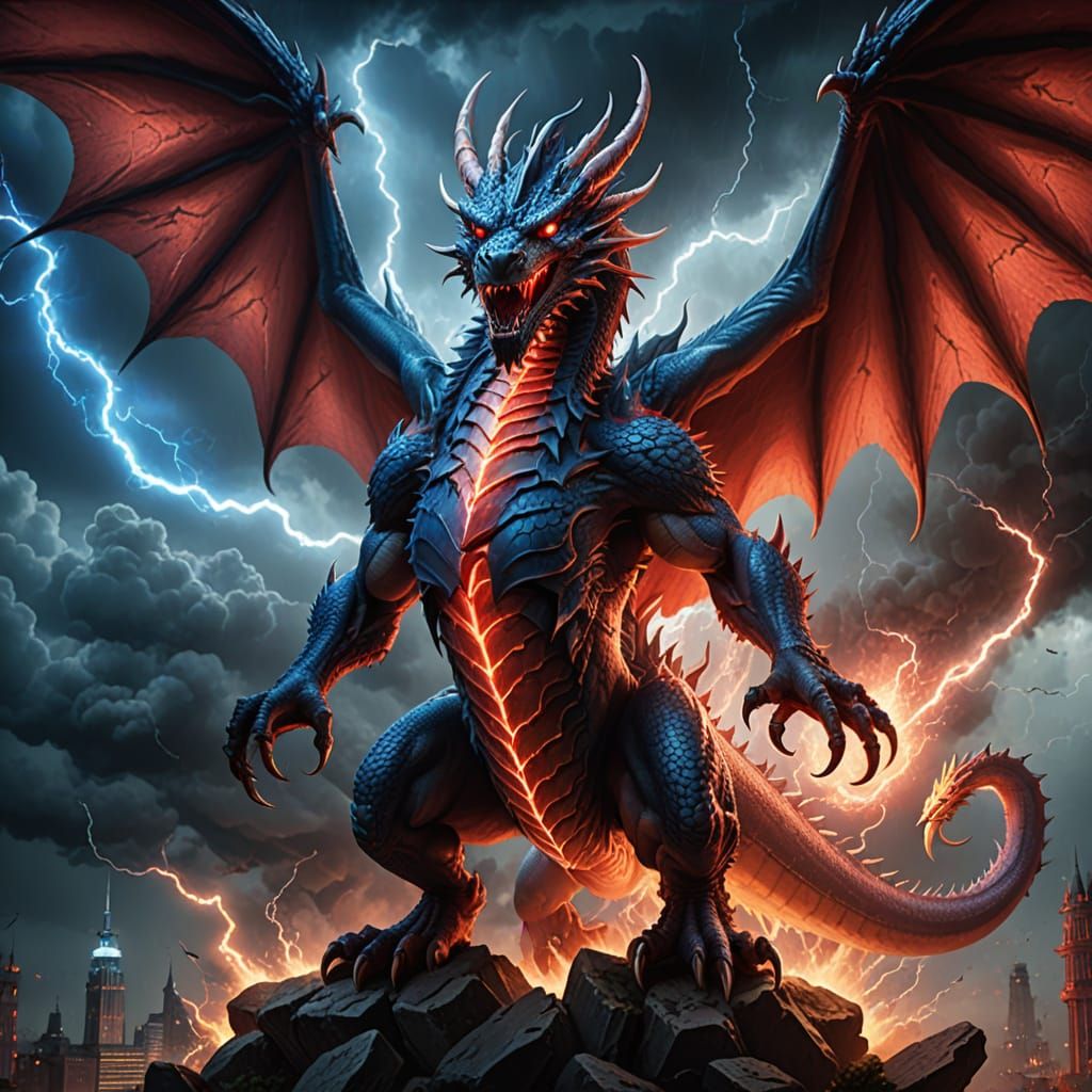Epic Red and Blue Dragon in Lightning Storm