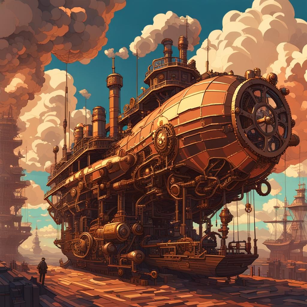 Steampunk Airship Battle in 32-bit Pixel Art