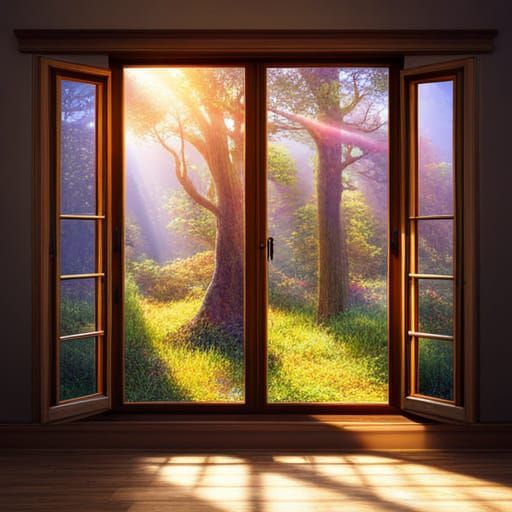 Vibrant Forest View Through Window: Digital Matte Painting