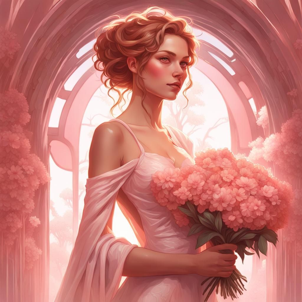 Bride in Pink Dress Portrait, Hyperdetailed Art