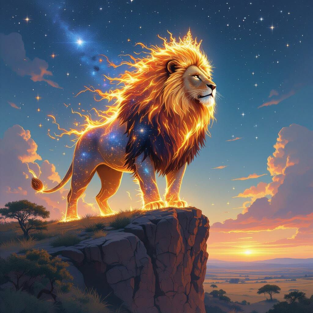 Cosmic Lion King on Savanna in Digital Painting Style
