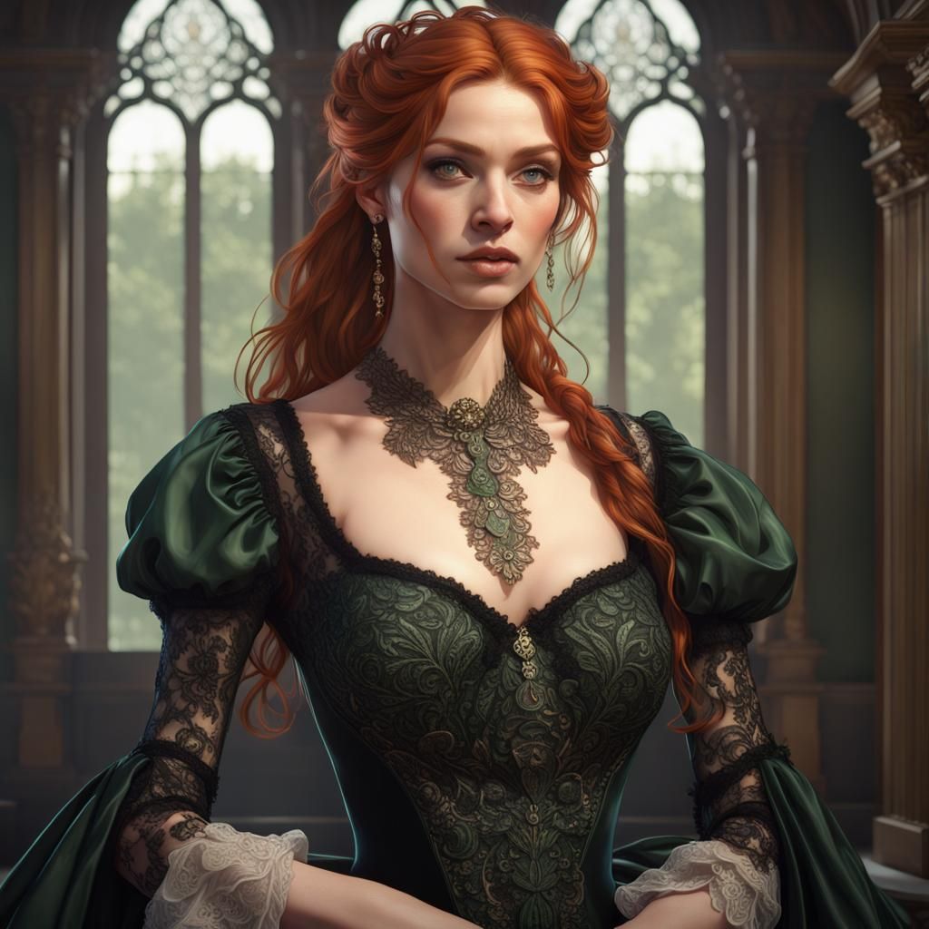 Woman in Black Lace Gown, Art Nouveau Portrait