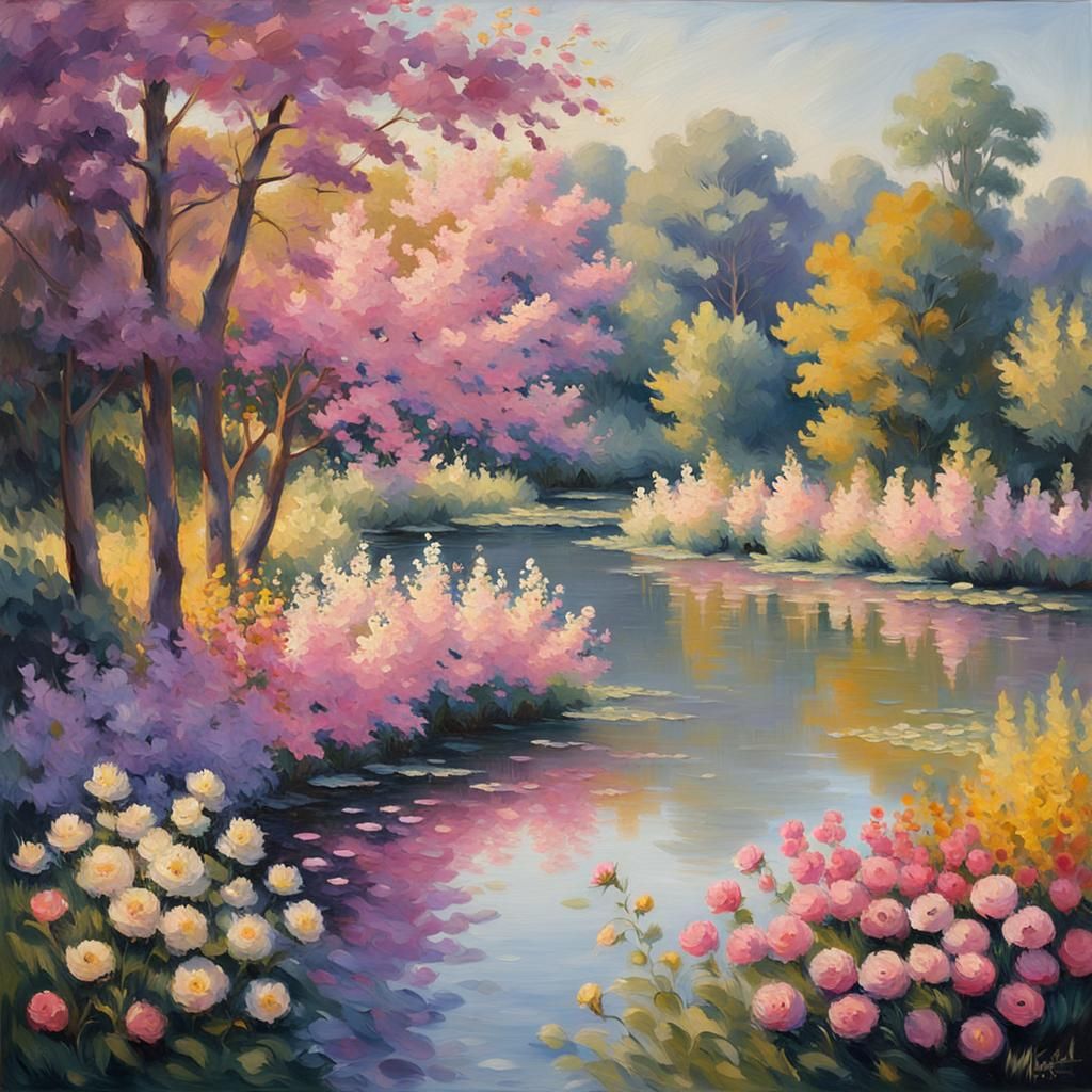 Impressionist Garden with River in Vivid Colors