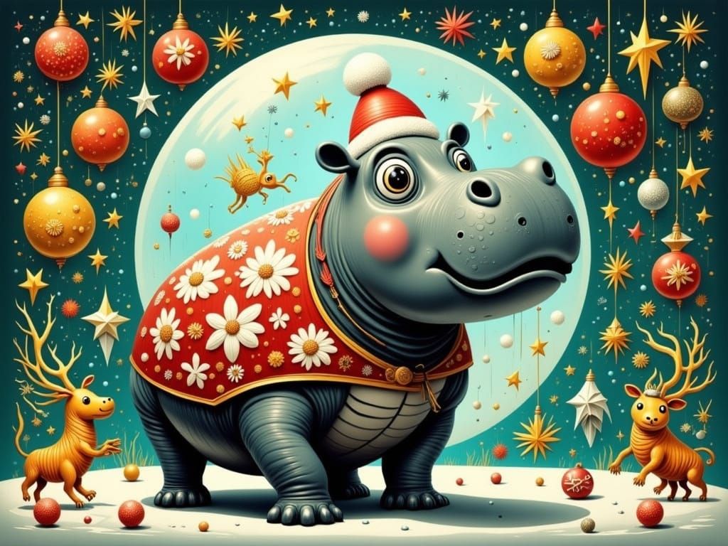 Whimsical Hippo in Moonlit Style