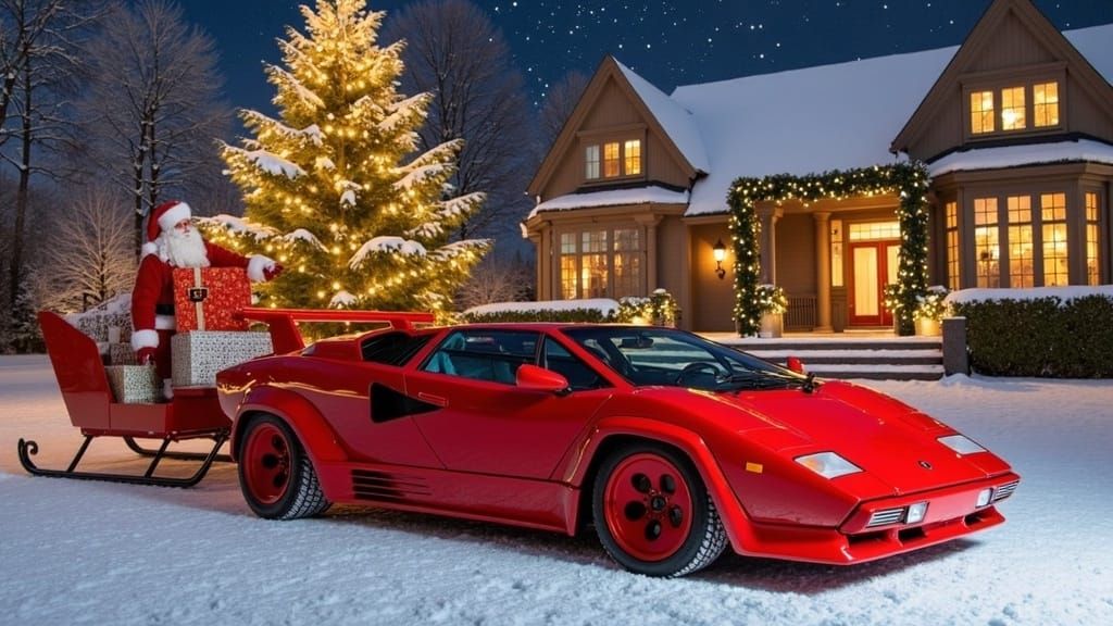 Sleek Red Lamborghini Countach in Winter Wonderland Scene