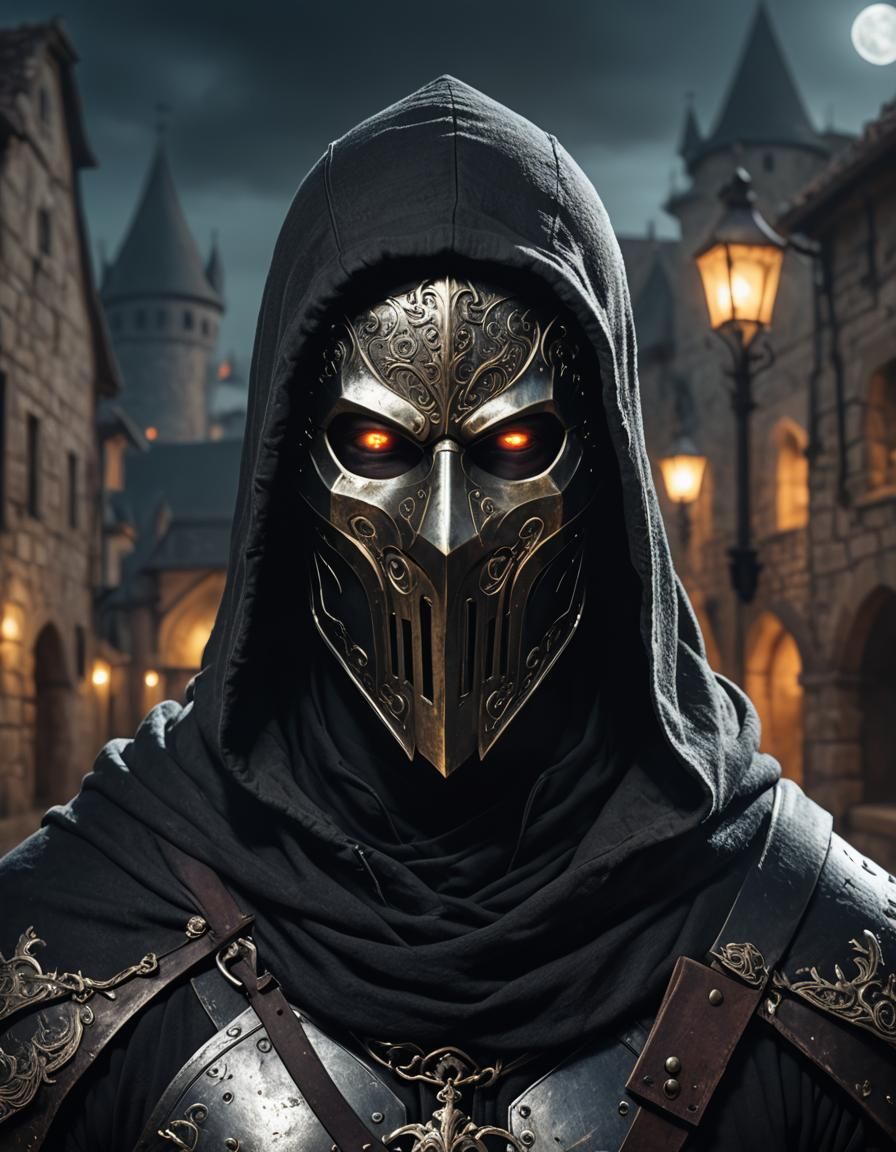 Hooded Undead Assassin in Medieval Town at Night