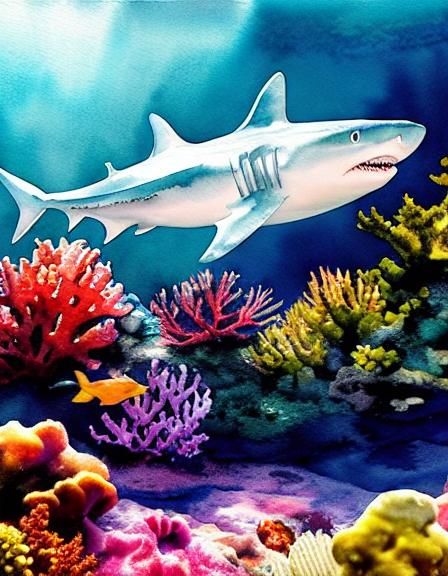 Underwater Shark and Coral Reef in Watercolor Style