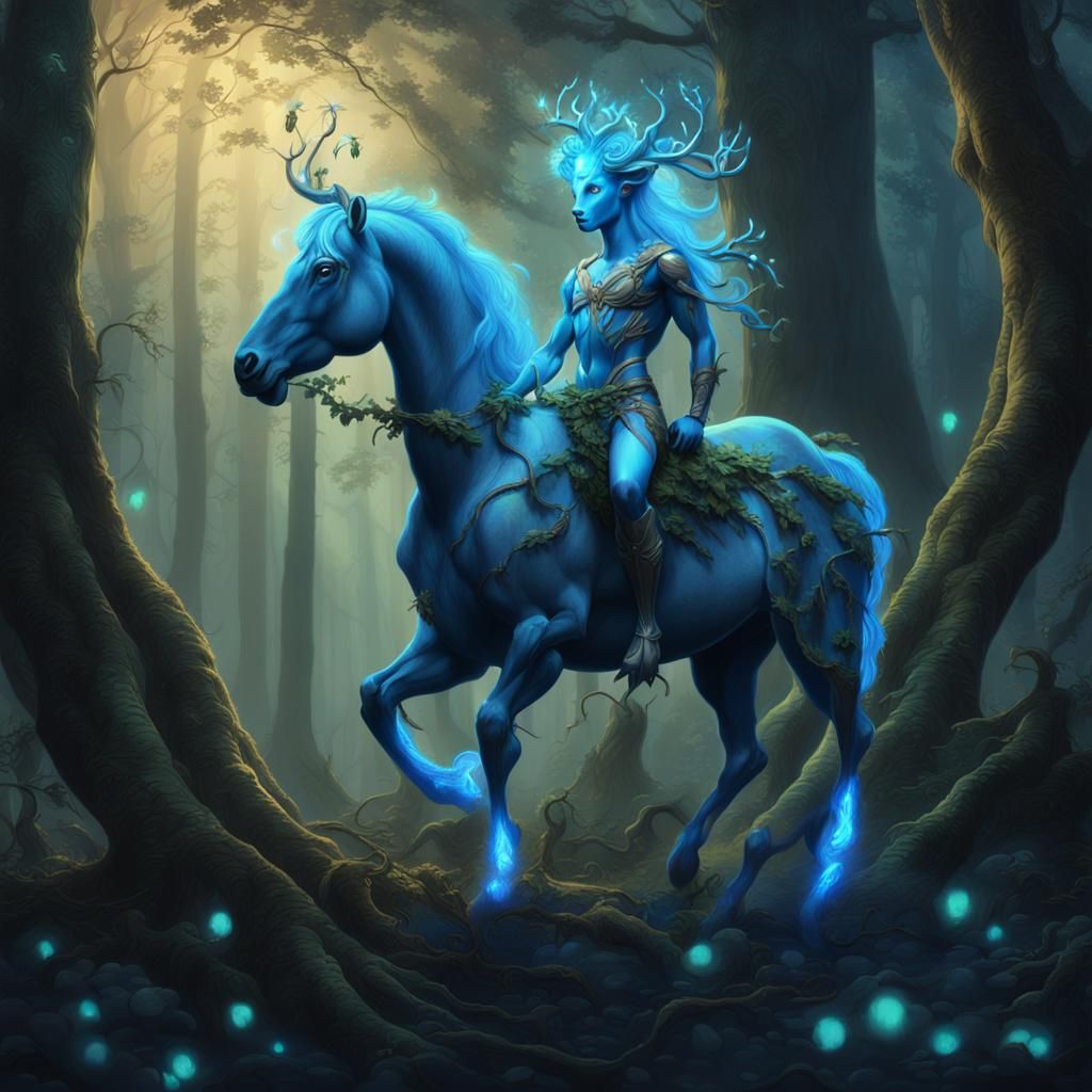 Luminescent Centaur in Misty Forest, Digital Art