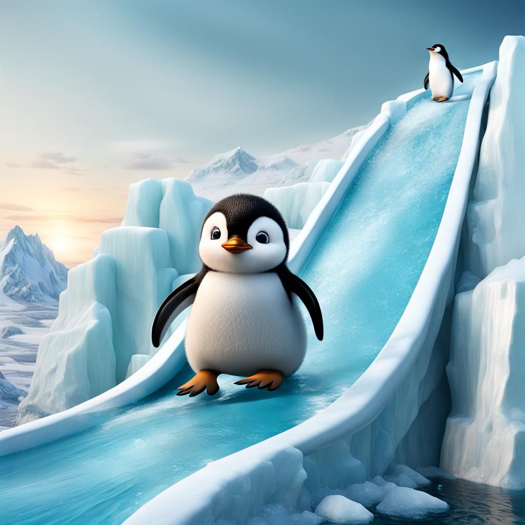 Cute Penguin Slides Down Icy Hill