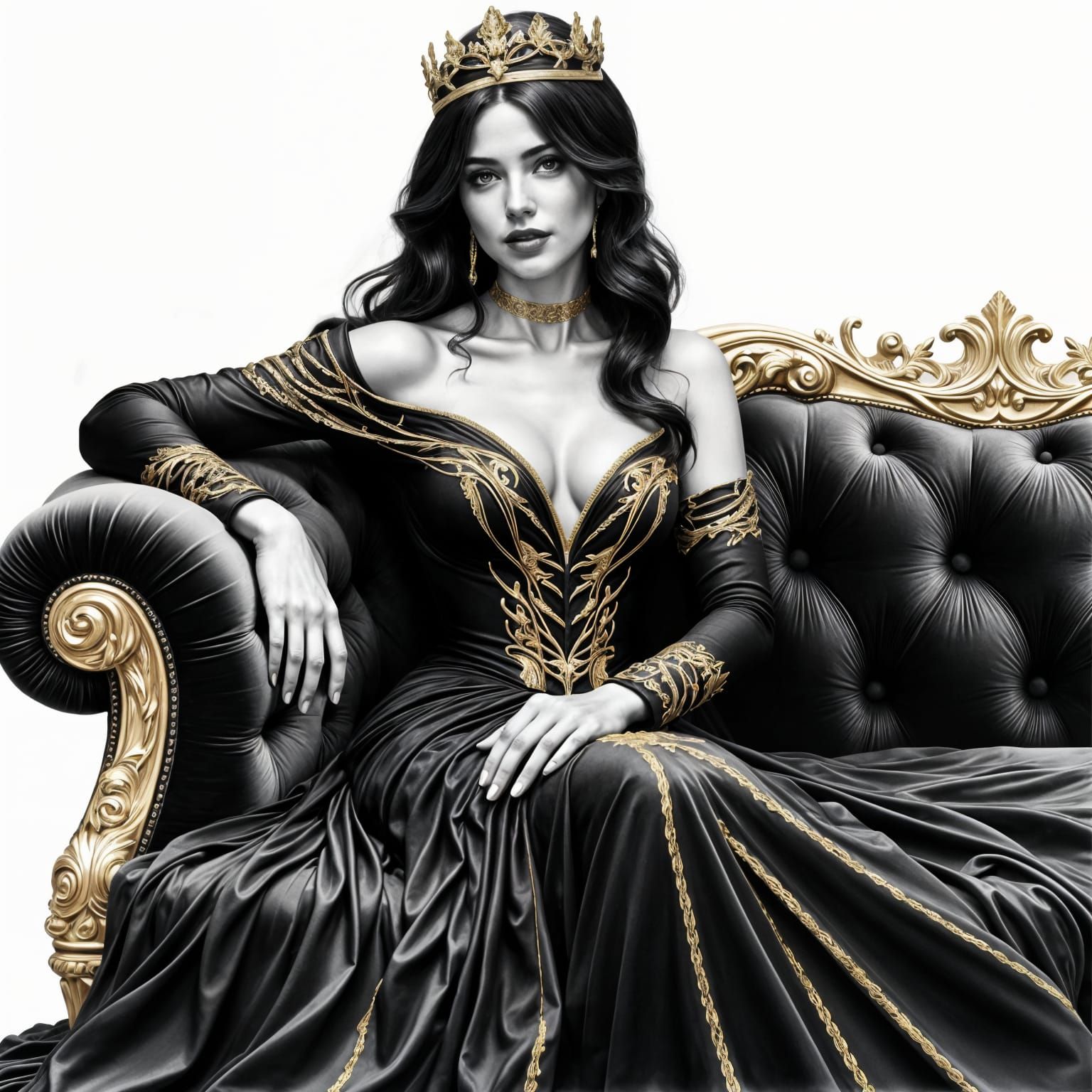 Regal Woman in Elegant Pencil Sketch with Golden Accents