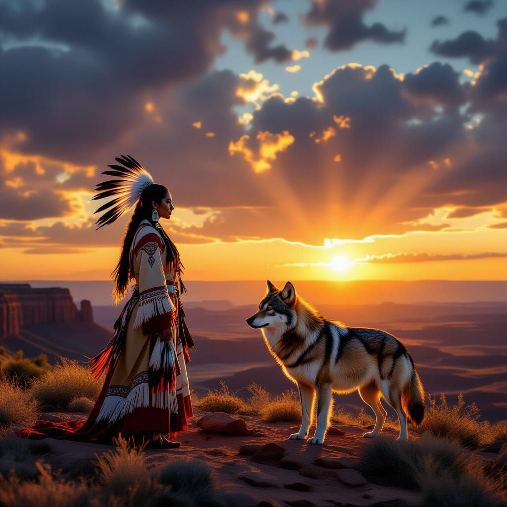 Native American Woman & Wolf at Dawn on Mesa