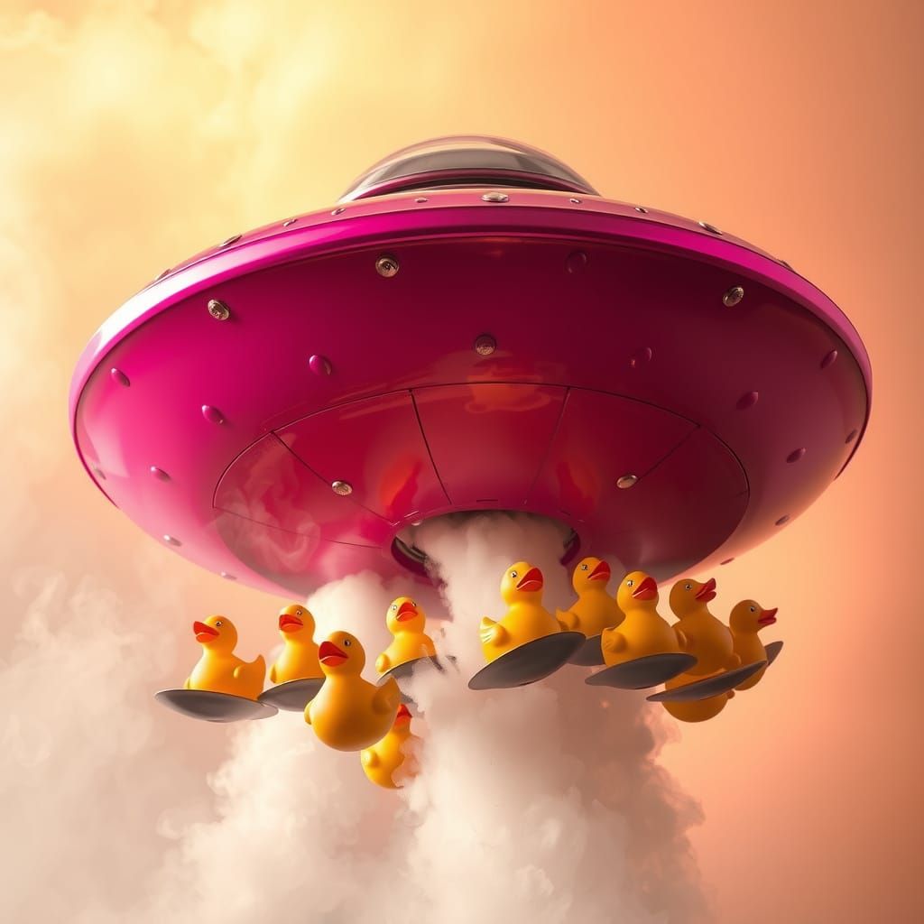Retro-Futuristic UFO Scene with Rubber Ducks in Hyper-Realis...