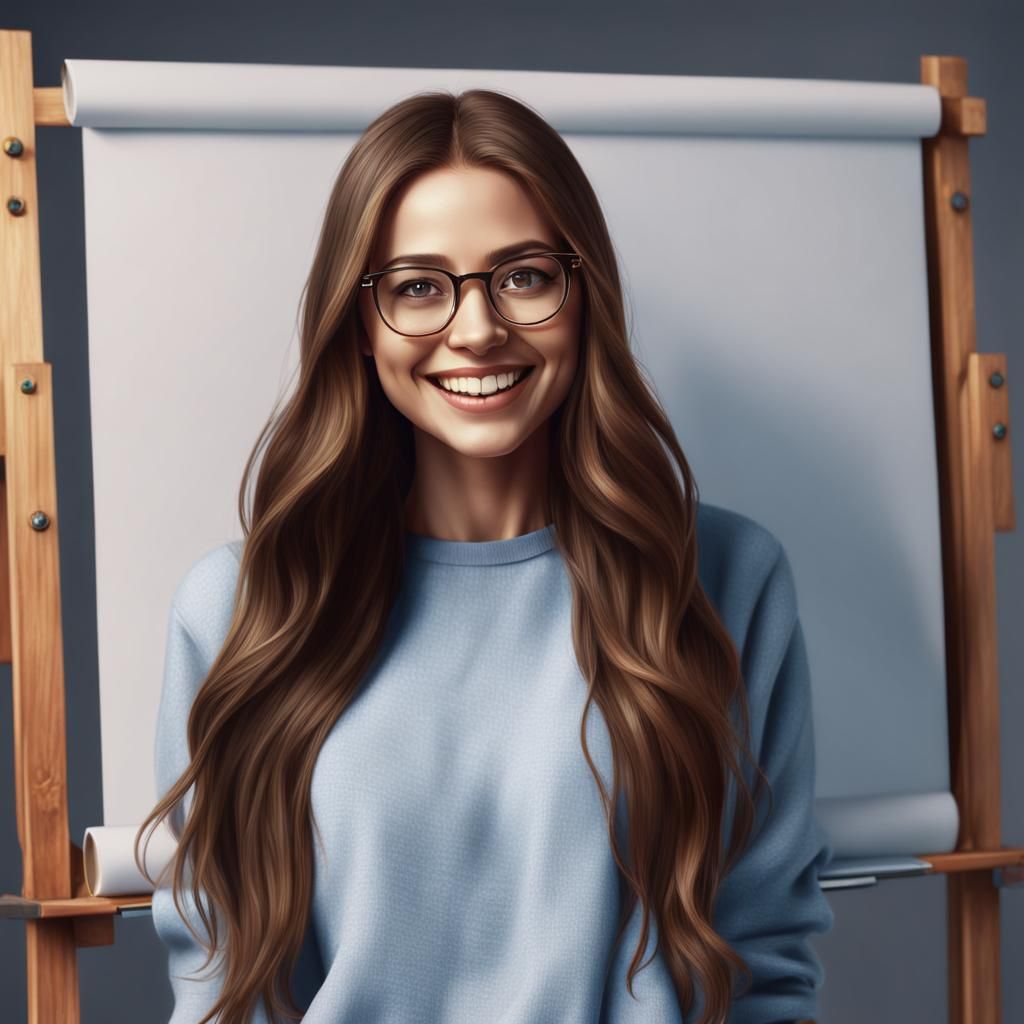 Girl with Glasses Beside Blank Canvas, Detailed Digital Art