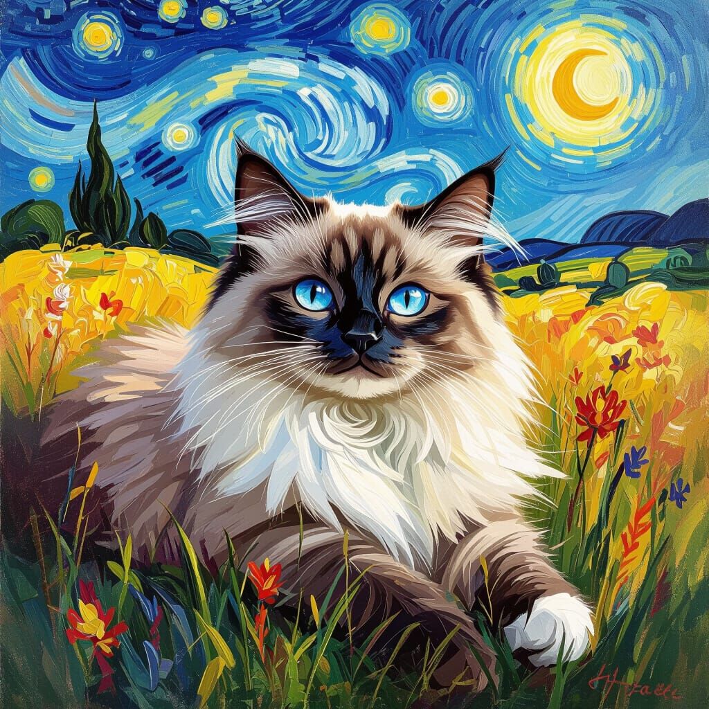 Ragdoll Cat Lounging in Meadow as Impasto Painting