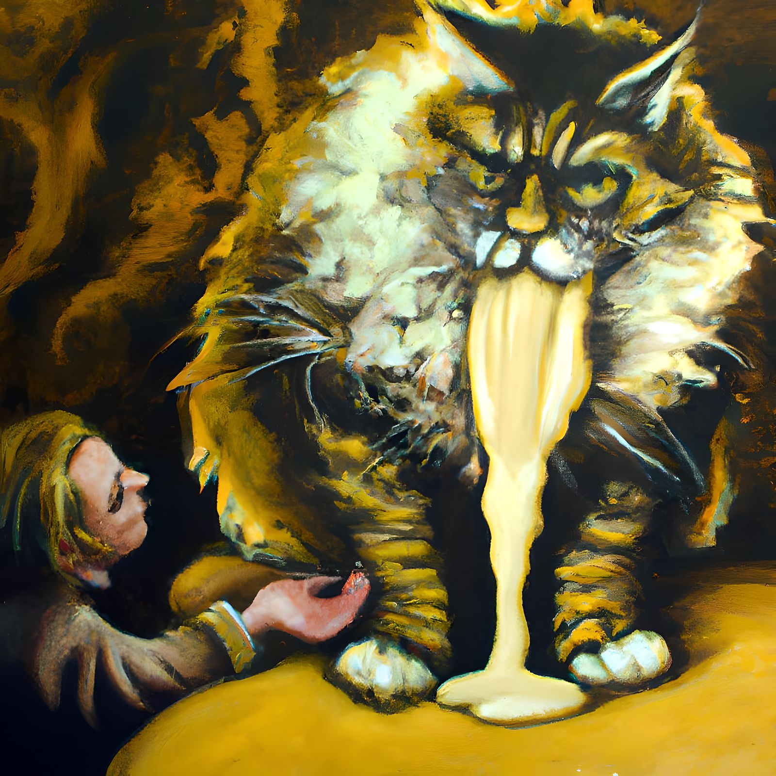 Surreal Woman Feeds Giant Cat in Oil Painting
