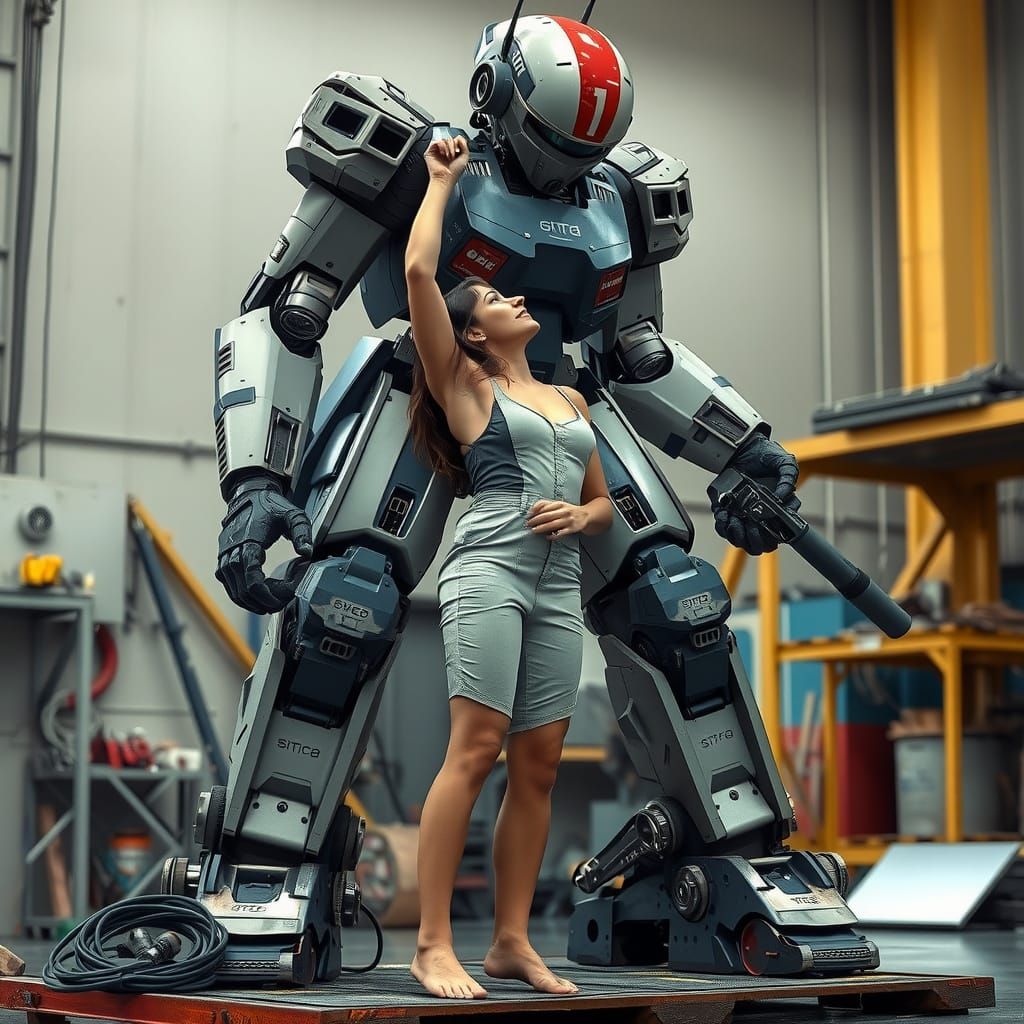 Curvy Robot Repair Woman in Sultry Jumpsuit