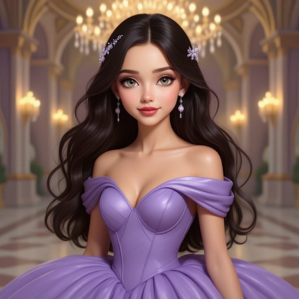 Teen Girl in Shimmering Purple Gown in Grand Ballroom