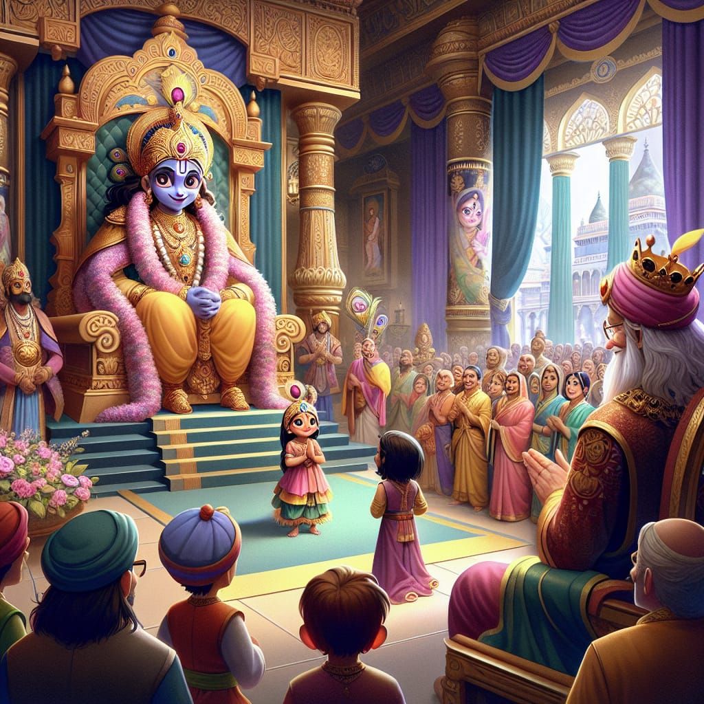 Cartoon Royal Court Scene with Karma Bai and Krishna