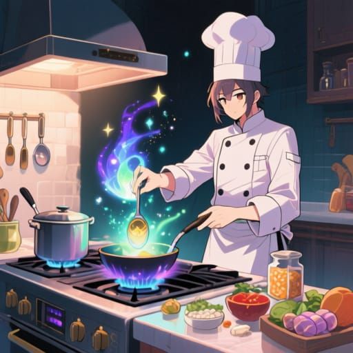Magical Chef Cooking with Enchanted Ingredients in Anime Sty...